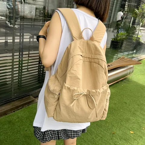 Minimalistische Nylon Schoolrugzak Voor Meisjes Koreaanse Stijl Effen Kleur Student Boekentas Met Strik Decoratie Lichtgewicht Reizen Laptop Dagrugzak