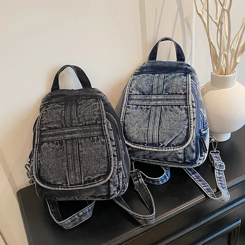 Vintage Washed Denim Rucksack Für Damen Mode Große Kapazität Streetwear Alltäglich Lässige Schultasche Mit Kreuzstich Details