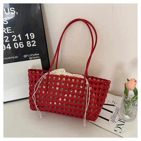 Dames Mode Handgeweven Tote Tas Met Binnentas Met Trekkoord Grote Capaciteit Geweven Hol Raster Strand Handtas Casual Dagelijkse Schoudertas