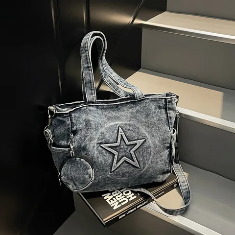 Vintage Washed Denim Star Tote Bag Large Capacity Shoulder Bag With Round Coin Purse For Women Retro Casual Streetwear Handbag