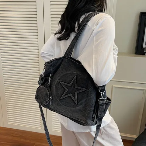 Vintage Washed Denim Star Tote Bag Large Capacity Shoulder Bag With Round Coin Purse For Women Retro Casual Streetwear Handbag