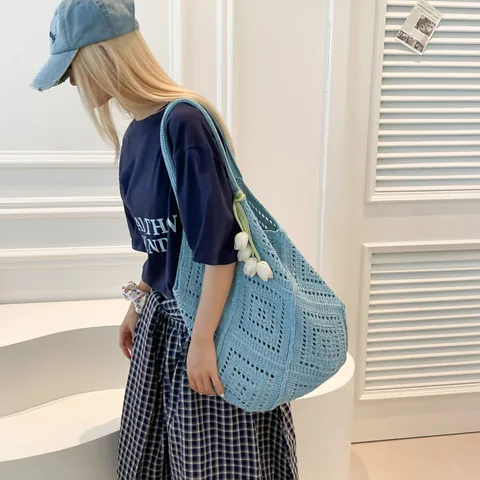 Women's Large Capacity Crochet Knitted Tote Bag 2025 Summer New Minimalist Hollow Out Bohemian Shoulder Bag With Flower Pendant