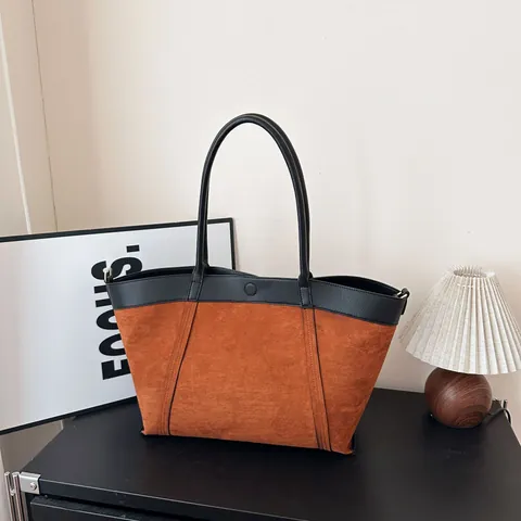 Large Capacity Color Block Suede Tote Bag Women Vintage Commuter Faux Leather Shoulder Bag Casual Travel Handbag