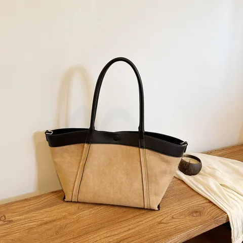 Large Capacity Color Block Suede Tote Bag Women Vintage Commuter Faux Leather Shoulder Bag Casual Travel Handbag