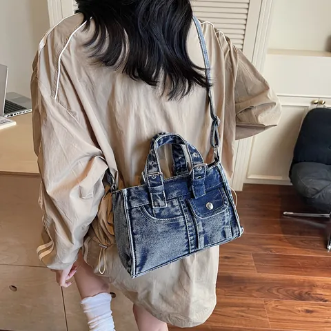 Women Washed Denim Crossbody Bag Vintage Motorcycle Style Handbag Distressed Versatile Shoulder Bag Multi Pockets Metal Buckles