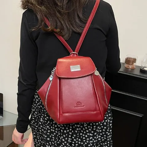Women Vintage PU Leather Multi-Pocket Backpack Geometric Fashion Multi-Way Shoulder Bucket Bag For Daily Office Travel
