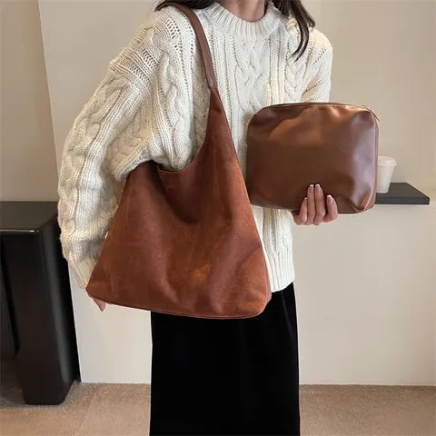 Vintage Large Capacity Suede Feel PU Leather Shoulder Bag For Women Minimalist Hobo Tote Bag For Daily Commuting Office Wear