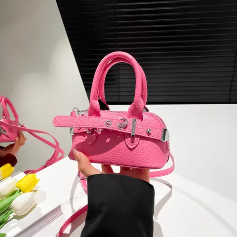 Mini Lychee Pattern PU Leather Motorcycle Style Handbag For Women Kids Crossbody Bag With Silver Hardware Belt Buckle Details