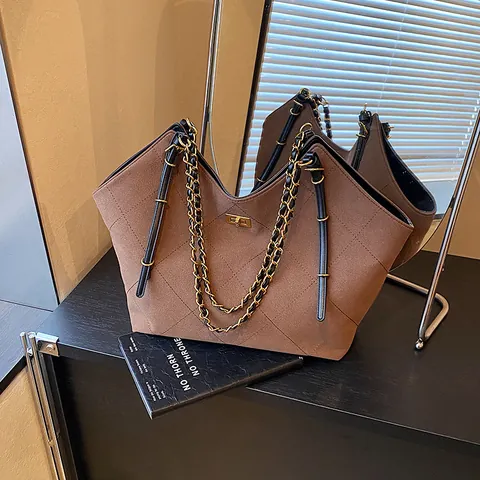 Damen Große Kapazität Einkaufstasche Rautenmuster Gold Metallschloss Kettengurt Wildleder PU Leder Schultertasche Für Pendeln