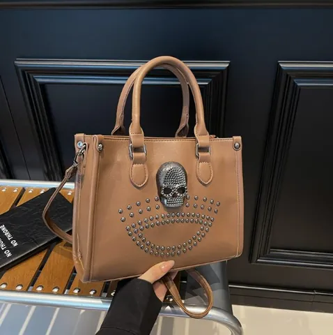 Women Cool Punk Gothic Skull Rivet Tote Bag PU Leather Handbag Rhinestone Skull Decor Shoulder Crossbody Bag For Daily Party