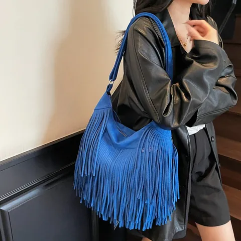 Borsa Hobo Bohémien Da Donna In Similpelle Scamosciata Con Frange Retrò Grande Capacità Borsa A Tracolla Con Nappe