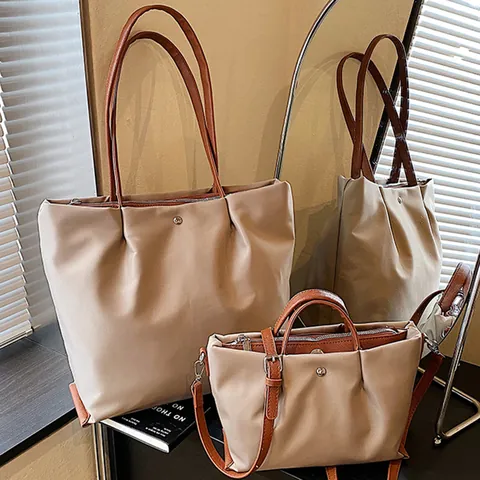 Dames Grote Capaciteit Geplooid Draagtas PU Oxford Doek Lichtgewicht Handtas Met Contrast Handvatten Voor School