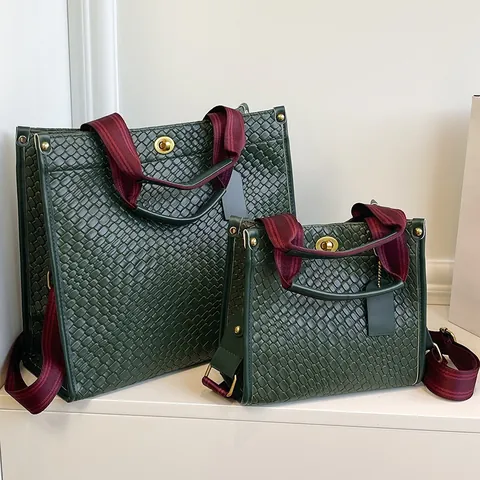 Damen Geflochtene PU Leder Einkaufstasche Mit Kontraststreifen Griff Metallschloss Umhängetasche Schultertasche Professionelle Handtasche