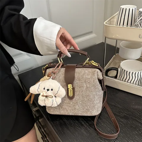 Vintage Tweed Denim Doctor Handbag For Women Retro Crossbody Shoulder Bag With Plush Pendant Gold Metal Lock Chic Bag