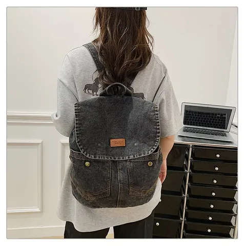 Large Capacity Denim Backpack Vintage Washed Denim School Bag For College Students Travel Casual Backpack With Multi Pockets