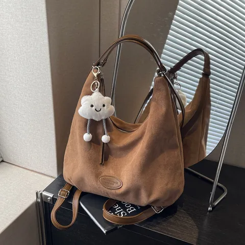 Women's Fashion Large Suede Hobo Bag Vintage Solid Color Shoulder Tote With Cute Cloud Plush Charm Stylish Daily Bag