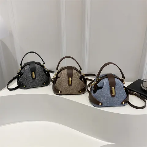 Bolso de Mano Empalmado de Color de Contraste Vintage para Mujer Tela Retro Cuero Sintético Bolso de Doctor Cubeta
