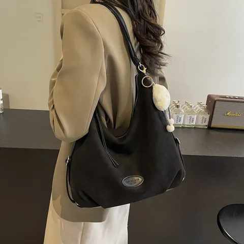 Women's Fashion Large Suede Hobo Bag Vintage Solid Color Shoulder Tote With Cute Cloud Plush Charm Stylish Daily Bag