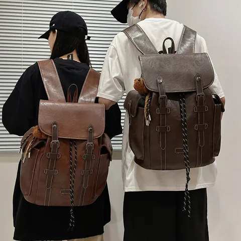Vintage Men Backpack Large Capacity Laptop Rucksack Retro PU Leather Travel Bag For Business School Work Commute Casual Daypack
