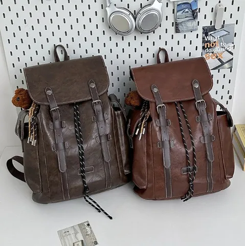 Vintage Men Backpack Large Capacity Laptop Rucksack Retro PU Leather Travel Bag For Business School Work Commute Casual Daypack
