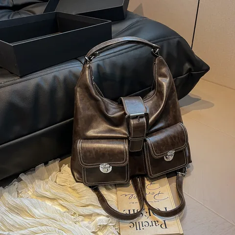 Sac à Épaule en Cuir PU Vintage Grande Capacité Multi Poches Surpiqûres Contrastées Rétro Sac Bandoulière Pour Femme Quotidien