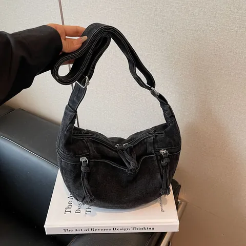 Bolso Hobo de Mezclilla Lavada Vintage para Mujer Gran Capacidad Bolso de Hombro Cruzado Casual Con Borlas y Correa Ajustable Estilo Retro