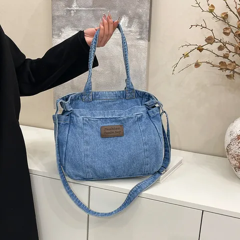 Women Casual Denim Tote Bag Large Capacity Vintage Canvas Shoulder Bag Crossbody Handbag With Adjustable Strap For School Daily