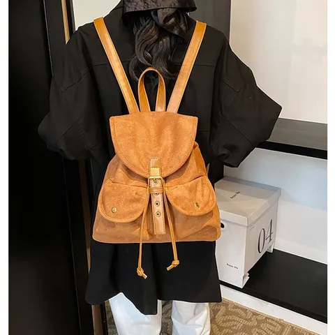 Vintage Wildleder Rucksack Für Damen Große Kapazität Retro Pendler College Stil Lässiger Daypack Mit Taschen Vorne