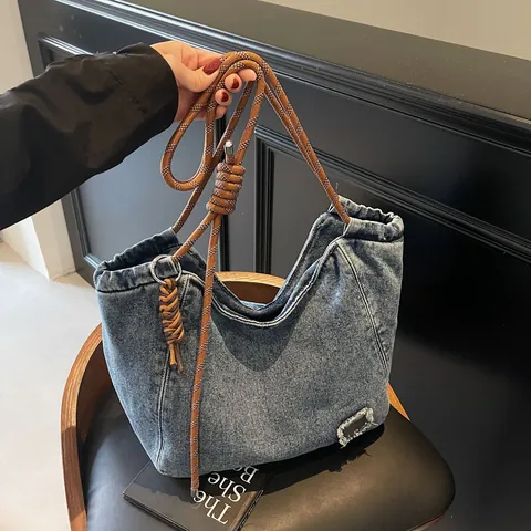 Fashion Denim Tote Bag For Women Large Capacity Washed Jean Shoulder Bag With Braided Rope Strap Casual Commuter Handbag