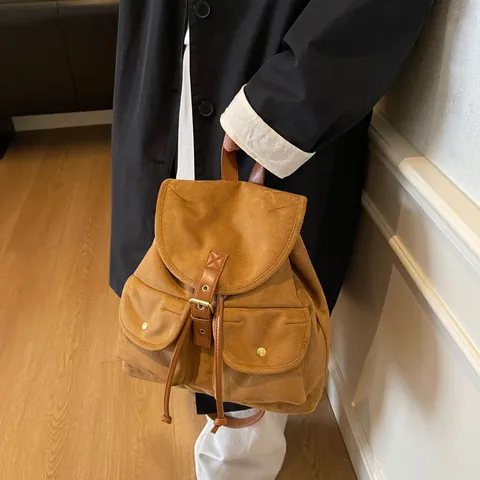 Mochila de Gamuza Vintage para Mujer Gran Capacidad Cordón Solapa Mochila Escolar Retro Viaje Diario Casual Color Sólido