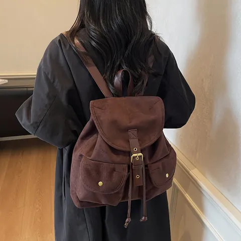 Mochila de Gamuza Vintage para Mujer Gran Capacidad Cordón Solapa Mochila Escolar Retro Viaje Diario Casual Color Sólido