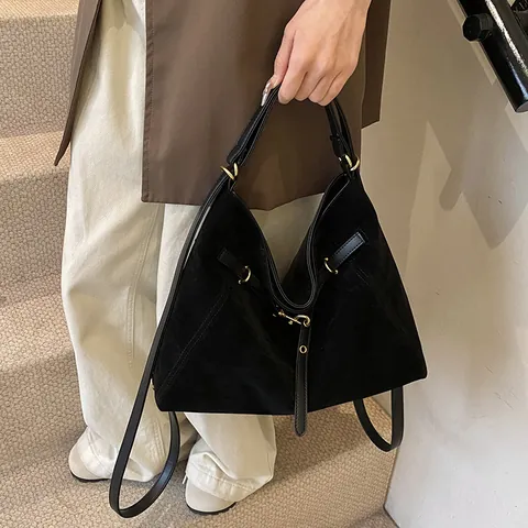 Women Retro Suede Texture PU Leather Tote Bag Large Capacity Multi-functional Single Shoulder Backpack Commuting College Bag Gold Hardware