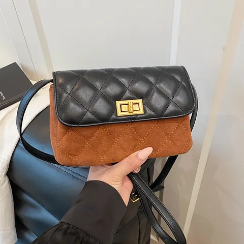 Women Quilted Diamond Crossbody Bag Contrast Color Suede Texture PU Leather Small Square Shoulder Bag With Metal Turn Lock