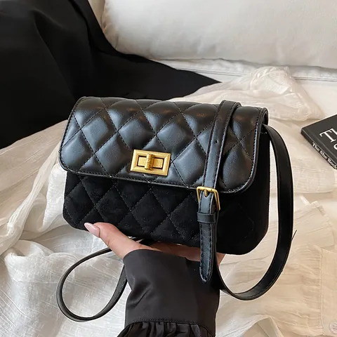 Women Quilted Diamond Crossbody Bag Contrast Color Suede Texture PU Leather Small Square Shoulder Bag With Metal Turn Lock