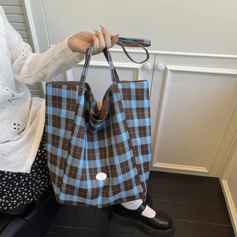 Women Reversible Plaid Nylon Tote Bag Large Capacity Cartoon Dog Print Shoulder Bag Casual Commuting Handbag Grid Shopping Bag