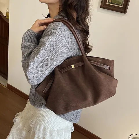 Women Large Capacity Faux Suede Tote Bag Matte Pleated Underarm Bag Vintage Commuting Handbag Shoulder Bag Solid Color