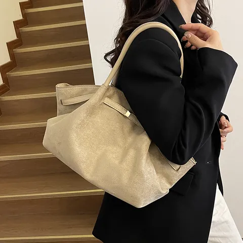 Women Large Capacity Faux Suede Tote Bag Matte Pleated Underarm Bag Vintage Commuting Handbag Shoulder Bag Solid Color
