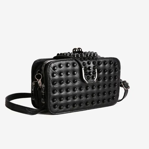 Women Punk Studded Rivet Crossbody Bag Gothic Black PU Leather Small Square Shoulder Bag With Adjustable Strap Fashion Handbag