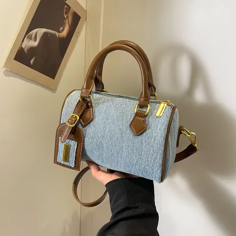 Women's Retro Denim Boston Pillow Bag Casual Washed Denim Handbag With Brown Leather Trim Gold Hardware Crossbody Bag