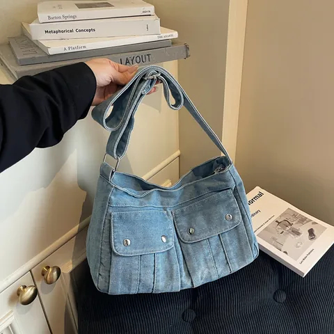Vintage Washed Denim Schultertasche Für Damen Workwear Style Tragetasche Mit Doppeltaschen Lässige Denim Handtasche Für Den Alltag
