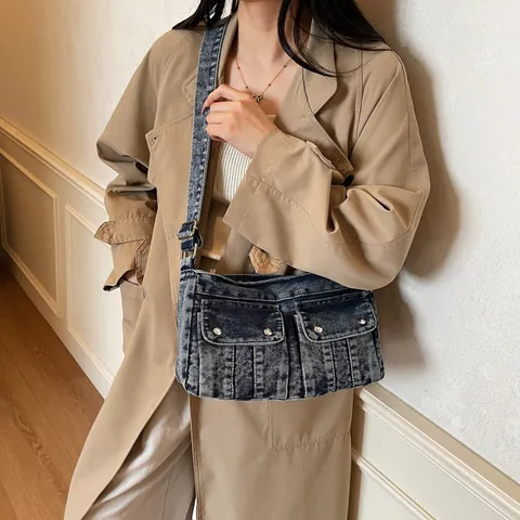 Vintage Washed Denim Schultertasche Für Damen Workwear Style Tragetasche Mit Doppeltaschen Lässige Denim Handtasche Für Den Alltag