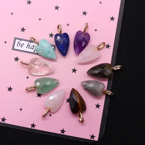 Facettierter Herz Naturstein Anhänger Mit Vergoldeter Kupferöse Für DIY Schmuckherstellung Amethyst Rosenquarz Charm