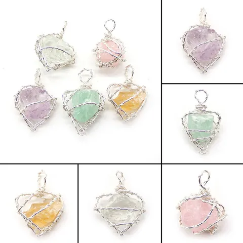 Colgante de Piedra Natural Irregular Alambre de Acero Inoxidable Envuelto Amatista Cuarzo Rosa Para Accesorios de Joyería DIY