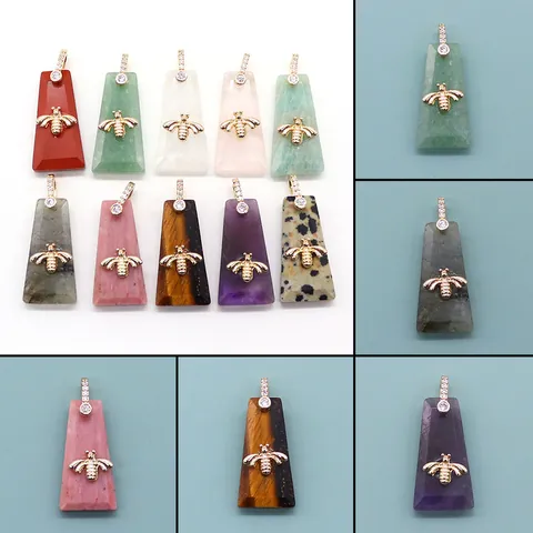 Natural Stone Trapezoid Pendant Gold Plated Copper Bee Charm With Zirconia Bail Polished Crystal Agate Pendant For DIY Jewelry Making