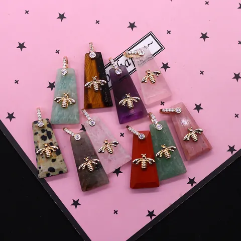 Natural Stone Trapezoid Pendant Gold Plated Copper Bee Charm With Zirconia Bail Polished Crystal Agate Pendant For DIY Jewelry Making