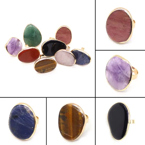 Vintage Natural Stone Adjustable Open Ring For Women Irregular Geometric Amethyst Rose Quartz Gold Plated Alloy Finger Ring Jewelry