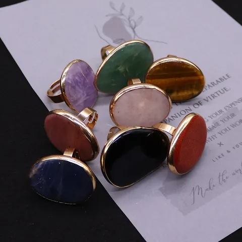 Vintage Natural Stone Adjustable Open Ring For Women Irregular Geometric Amethyst Rose Quartz Gold Plated Alloy Finger Ring Jewelry