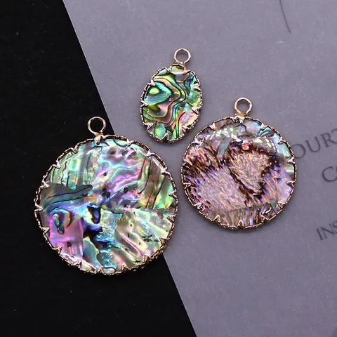 Natürliche Abalonemuschel Anhänger Galvanisiertes Kupfer Irisierend Rund Oval DIY Halskette Zubehör Damen Schmuck