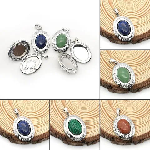 Vintage Copper Natural Stone Locket Pendant Oval Round Floral Relief Photo Box For Necklace Making DIY Jewelry Accessories