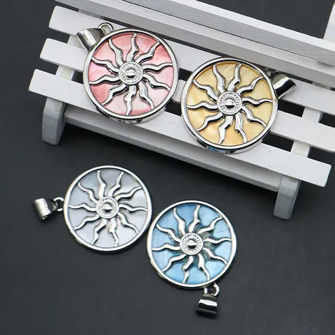 Ethnic Round Sun Totem Shell Pendant Only Without Chain Silver Plated Copper Circular Sunburst Charm For DIY Jewelry Making Necklaces